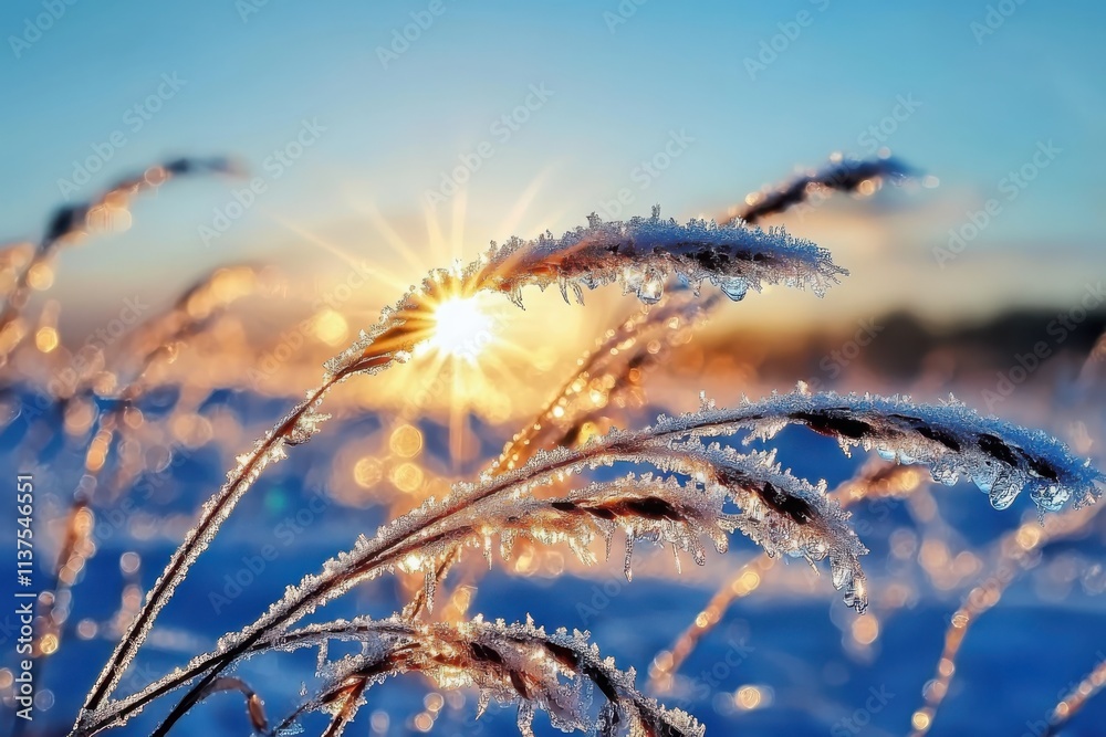 Obraz premium Melting frost droplets on grass blades at sunrise nature closeup soft light environment delicate details
