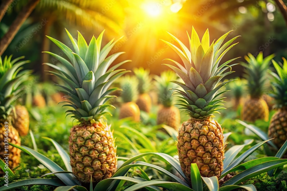 Lush Pineapple Garden Bokeh Photography: Vibrant Tropical Fruits, Sunlit Leaves, Shallow Depth of Field Lush Pineapple Garden Bokeh Photography: Vibrant Tropical Fruits, Sunlit Leaves, Shallow Depth of Field