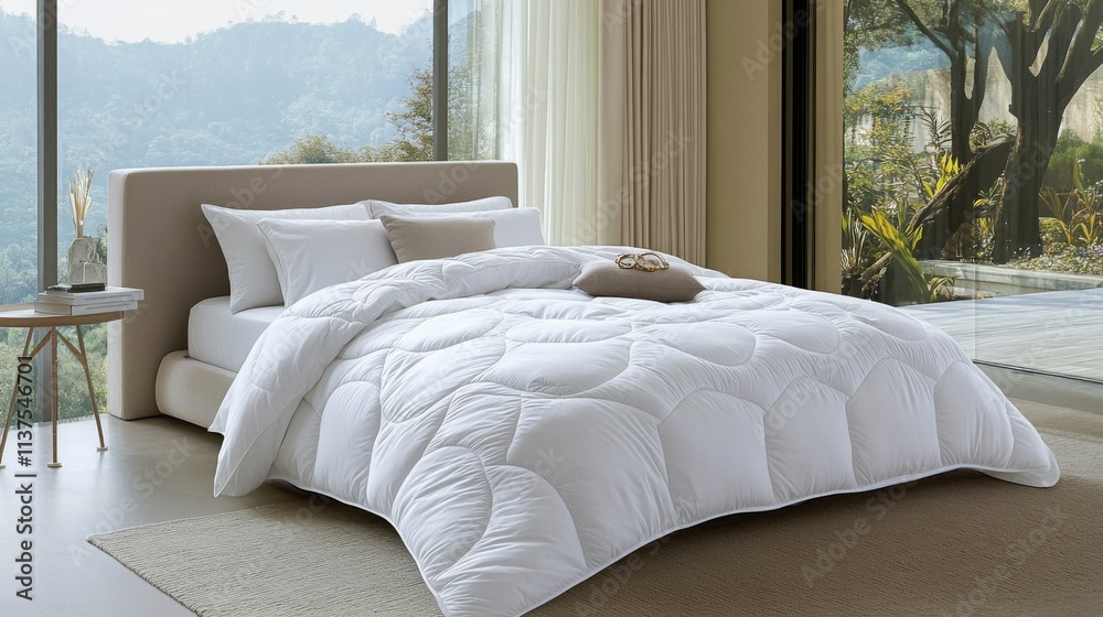 Modern Bedroom Design with Cozy White Comforter and Scenic View Modern Bedroom Design with Cozy White Comforter and Scenic View