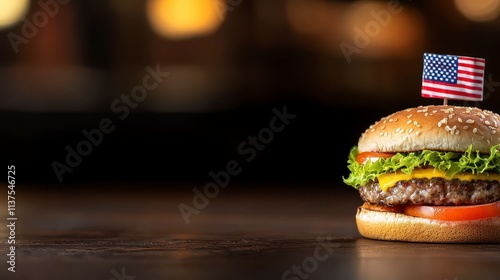 Enjoying a delicious cheeseburger with american flag restaurant setting food photography warm ambiance close-up iconic dish