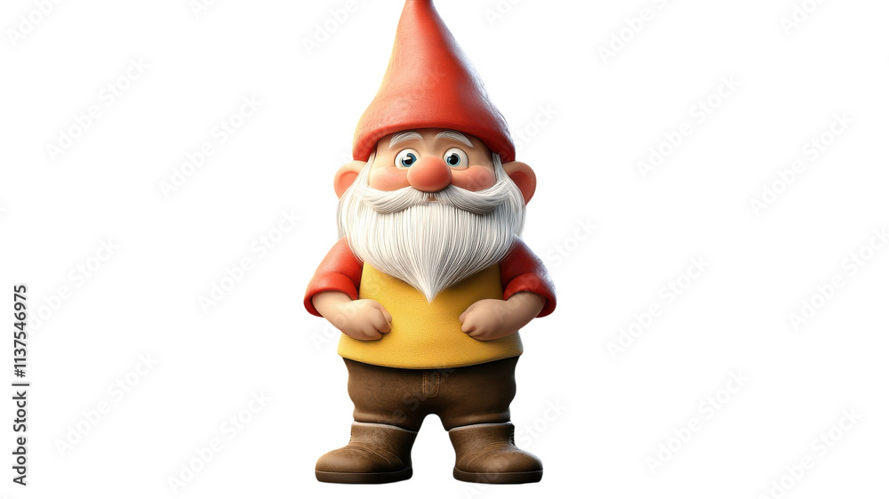 A cheerful garden gnome stands proudly with hands on hips wearing a red cap, yellow shirt, and brown pants against a transparent background. A cheerful garden gnome stands proudly with hands on hips wearing a red cap, yellow shirt, and brown pants against a transparent background.