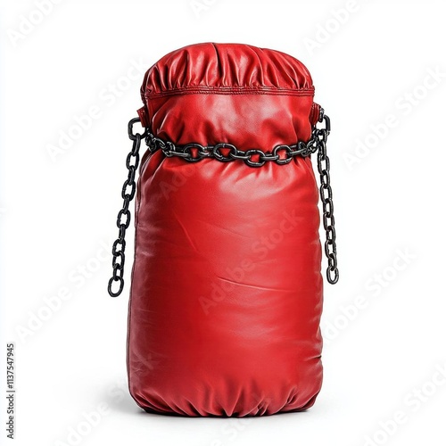 A photostock of a bold red boxing punching bag with chains, isolated on a clean white background, rugged and sporty, High Quality photo