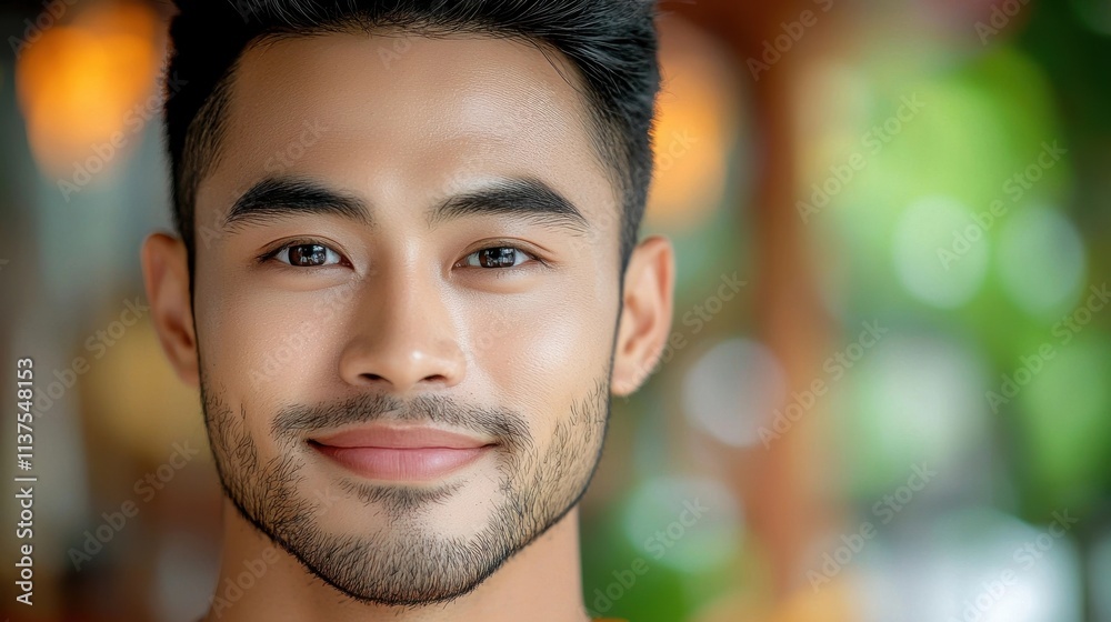 Portrait of a confident and handsome young Asian man smiling joyfully while surrounded by a blurred natural green background conveying a positive and friendly demeanor Portrait of a confident and handsome young Asian man smiling joyfully while surrounded by a blurred natural green background conveying a positive and friendly demeanor