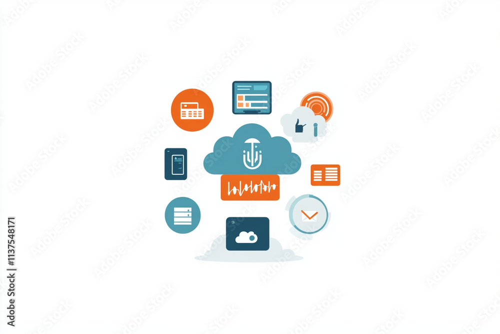 Innovative cloud storage illustration featuring data icons, charts, and devices. This vector design represents modern technology and data management solutions Innovative cloud storage illustration featuring data icons, charts, and devices. This vector design represents modern technology and data management solutions