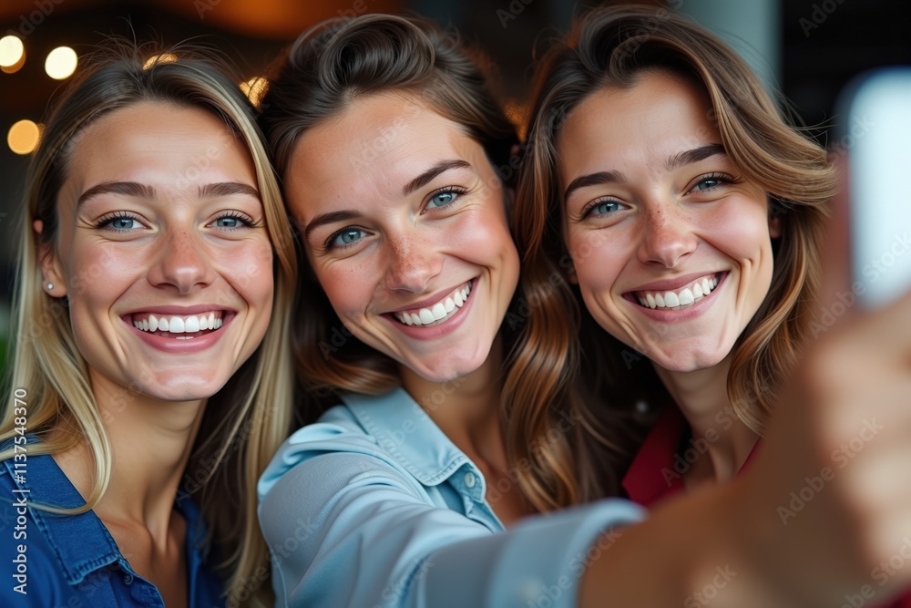 Three Happy Women Taking a Selfie Together in a Cozy Restaurant - Perfect for Social Media Marketing or Advertising Campaigns Three Happy Women Taking a Selfie Together in a Cozy Restaurant - Perfect for Social Media Marketing or Advertising Campaigns