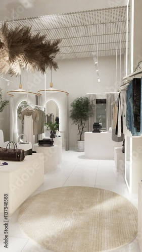 Luxury boutique interior with modern decor, designer clothing, accessories, large mirrors, and decorative plants in a bright setting.