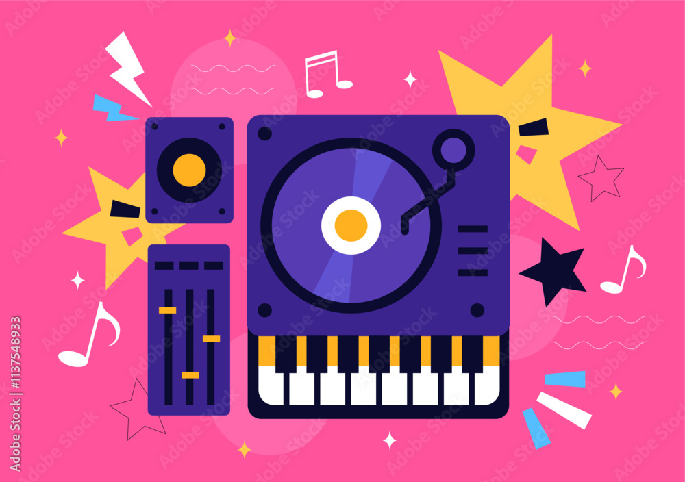 Fototapeta premium DJ Vector Illustration Featuring a Young Musician Wearing Headphones, Mixing Music on a Turntable, Nightlife Club Lifestyle at a Nightclub Party