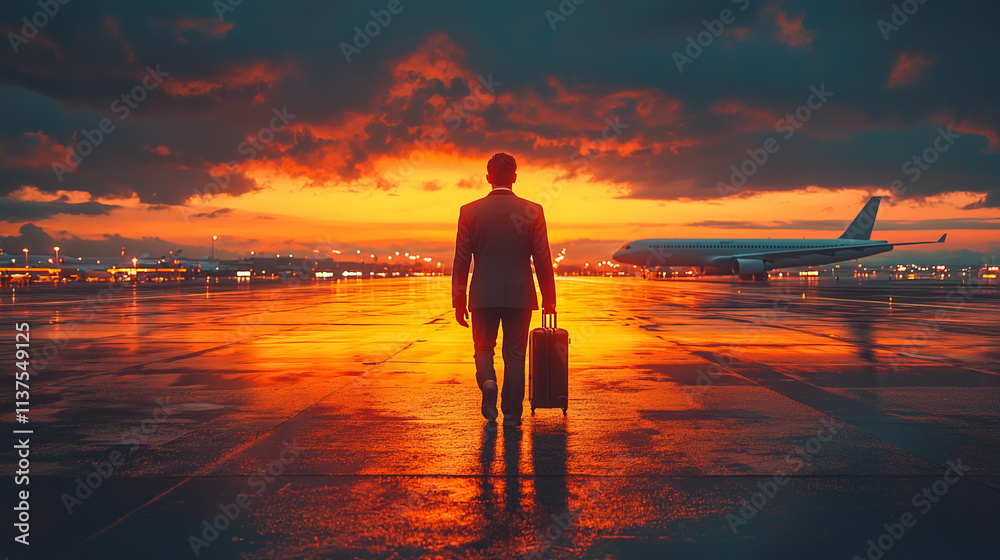Fototapeta premium Photograph of businessman walking with suitcase at airport, background is airplane, business travel, corporate and people concept.