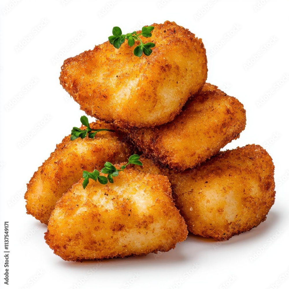 A photostock of a crispy fried nugget with a topping of fresh green garnish, isolated on a white background, golden and appetizing, High Quality A photostock of a crispy fried nugget with a topping of fresh green garnish, isolated on a white background, golden and appetizing, High Quality