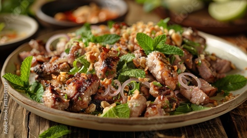 Delicious grilled meat with herbs and toppings.