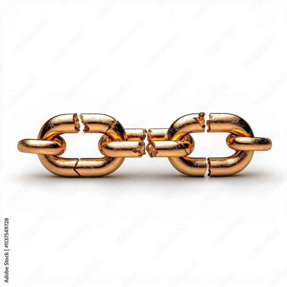 Fototapeta premium A photostock of a golden chain broken in the center, isolated on a clean white surface, strong and symbolic, High Quality