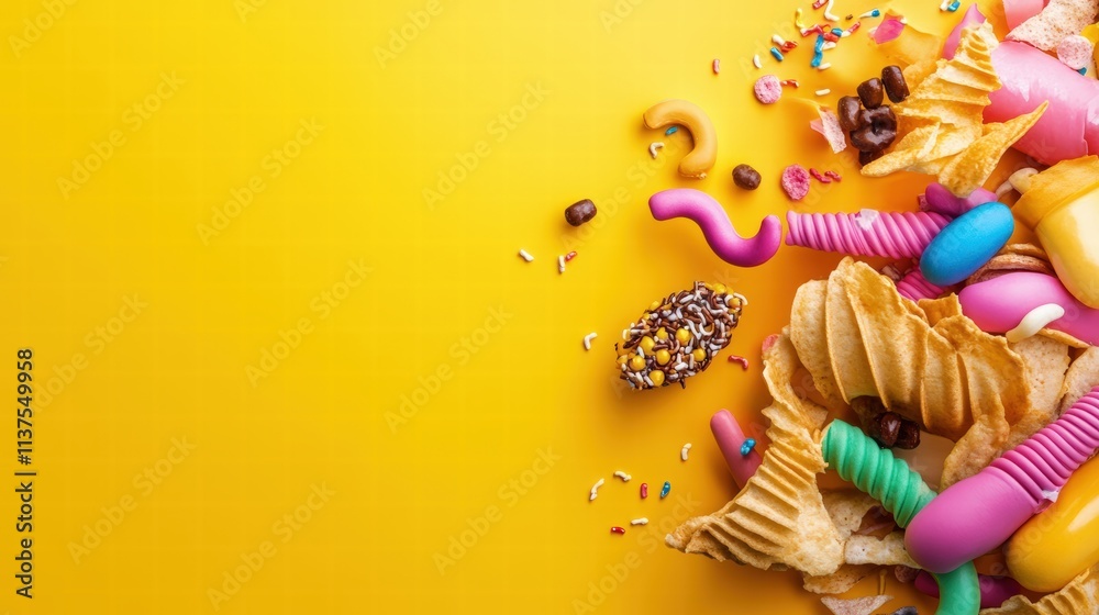 Obraz premium Colorful Party Snack Spread with Chips and Candy on Yellow Background
