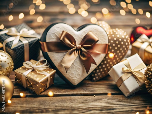 Golden Christmas gift box with ribbon and bow