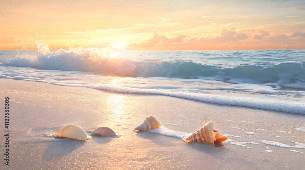 A serene coastal painting of a sandy beach, scattered seashells, and gentle waves under a warm sunrise. A serene coastal painting of a sandy beach, scattered seashells, and gentle waves under a warm sunrise.