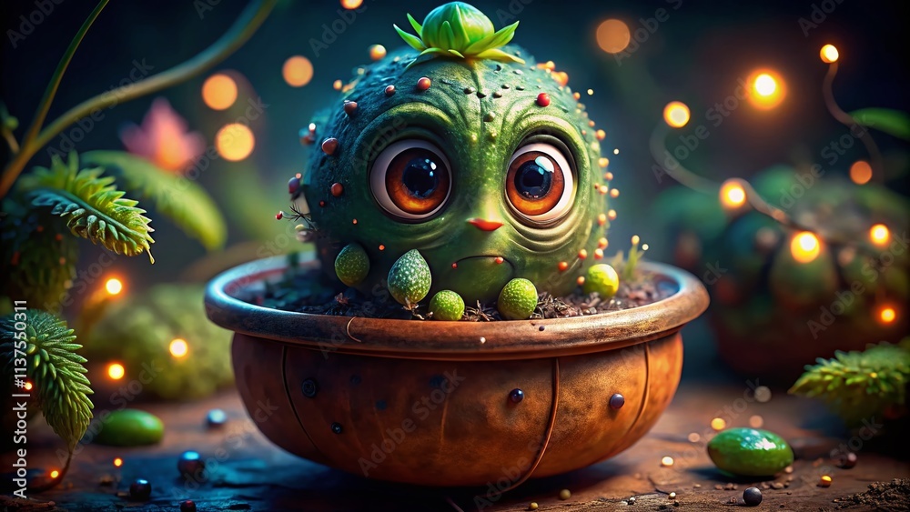 Macro Fantasy Cucumber Character in Pot - Whimsical Plant Pot Portrait Photography Macro Fantasy Cucumber Character in Pot - Whimsical Plant Pot Portrait Photography