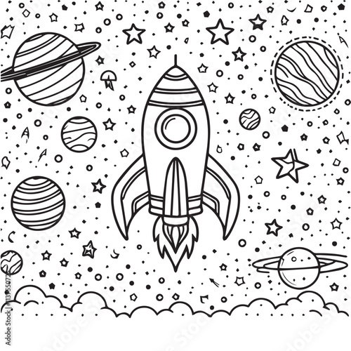 Hand-drawn rocket flying through space with planets, stars, and clouds. Coloring book page for adults and children