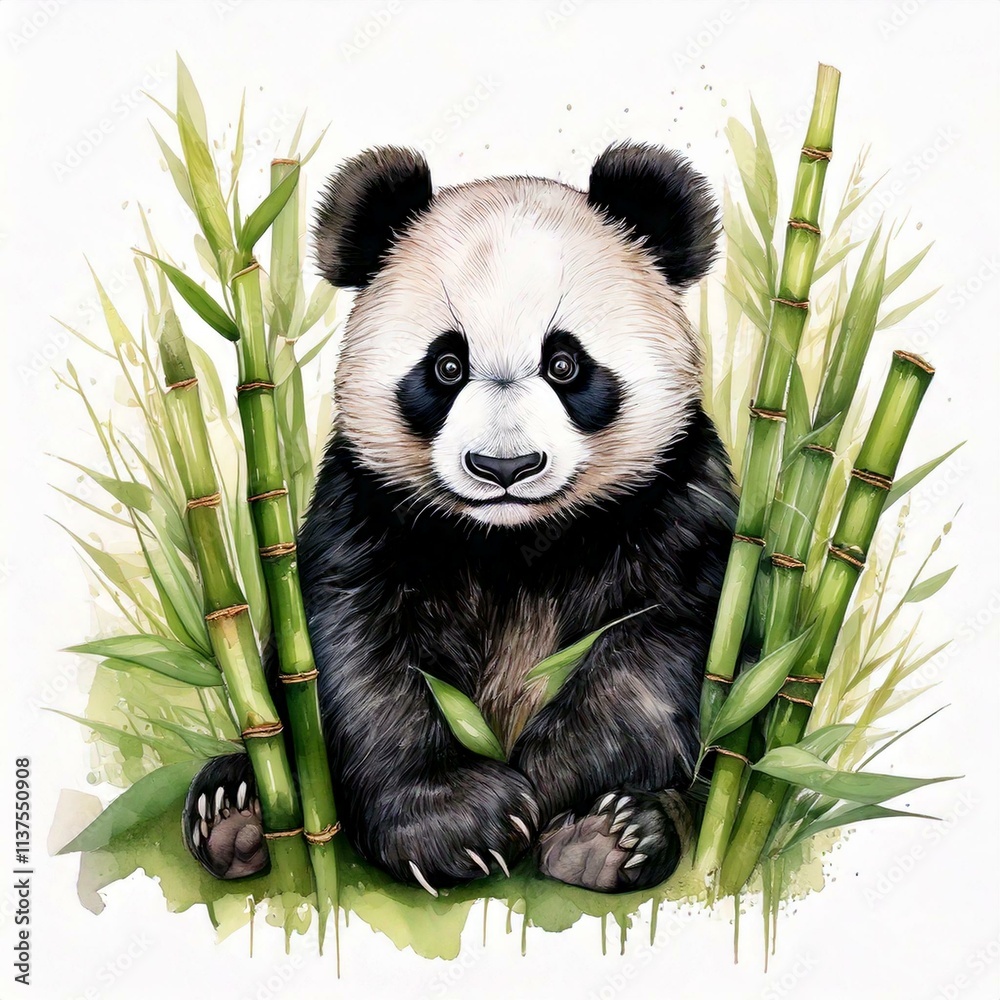 Naklejka premium Watercolor panda sitting peacefully among bamboo shoots isolated on white background with copy space