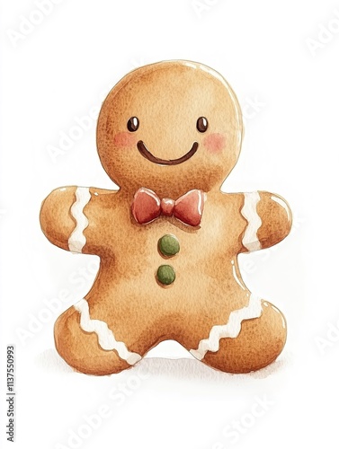 Watercolor Illustration of a Smiling Gingerbread Man with Festive Decor