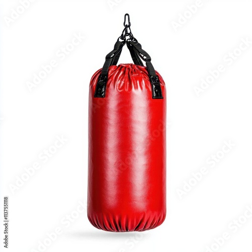 A photostock of a metallic red punching bag hanging upright, isolated on a white background, durable and athletic, High Quality