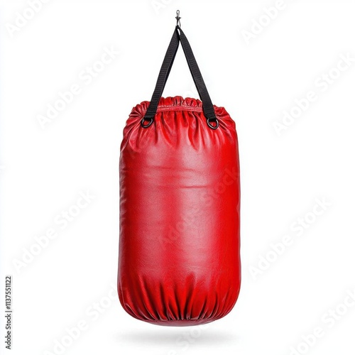 A photostock of a metallic red punching bag hanging upright, isolated on a white background, durable and athletic, High Quality