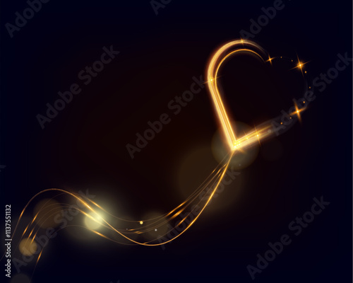 Golden glowing light trail forming a heart shape with sparkles and smooth curves on dark background, symbolizing love, romance, and celebration.