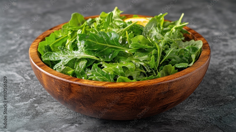 Fresh arugula salad in wooden bowl. Fresh arugula salad in wooden bowl.