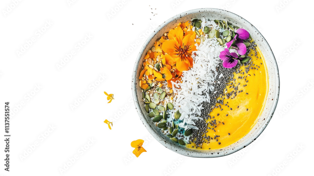 Colorful smoothie bowl topped with edible flowers, seeds, and coconut shavings on a clean background. Colorful smoothie bowl topped with edible flowers, seeds, and coconut shavings on a clean background.