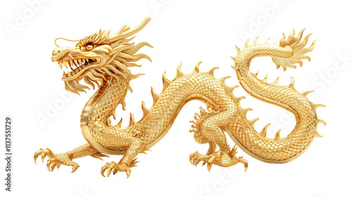 Golden Chinese dragon isolated on transparent background, 3d illustration.