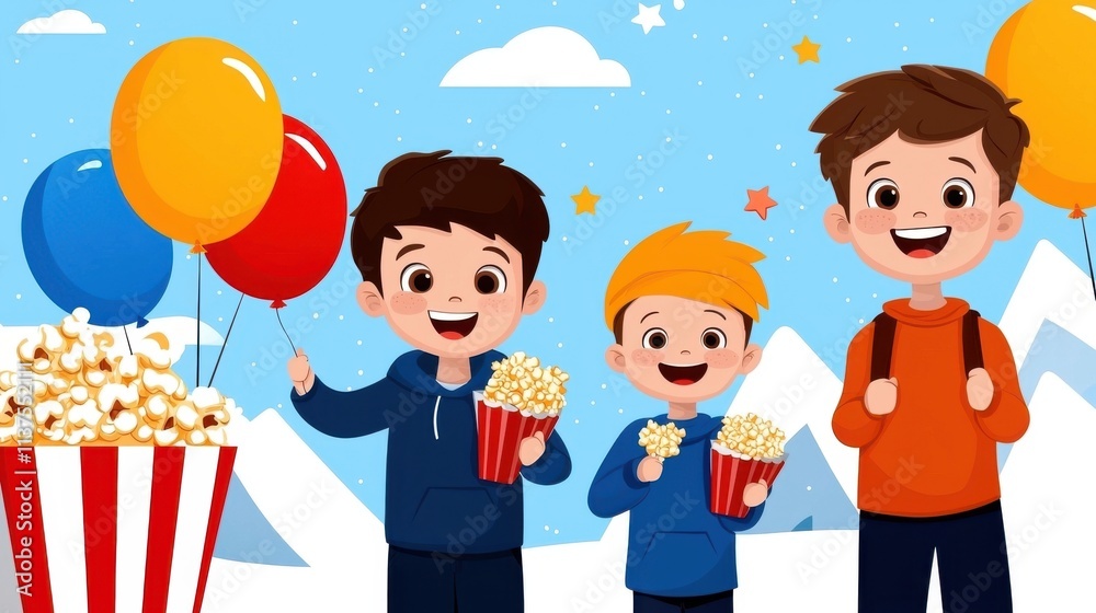 Cheerful group of children playing and having fun together while holding colorful balloons and eating popcorn outdoors with a bright blue sky and clouds in the background Cheerful group of children playing and having fun together while holding colorful balloons and eating popcorn outdoors with a bright blue sky and clouds in the background