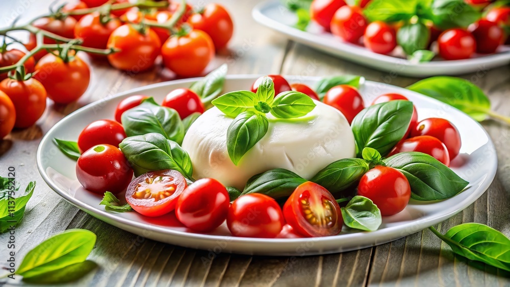 Macro Photography: Basil, Mozzarella, and Cherry Tomatoes on White Platter - Delicious Food Close Up Macro Photography: Basil, Mozzarella, and Cherry Tomatoes on White Platter - Delicious Food Close Up