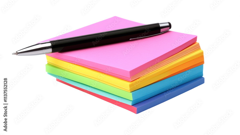 A Vibrant Stack of Multicolored Sticky Notes Accompanied by a Pen Perfect for Organizing Tasks and Creative Ideas. A Vibrant Stack of Multicolored Sticky Notes Accompanied by a Pen Perfect for Organizing Tasks and Creative Ideas.