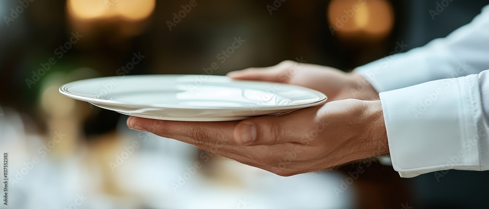 Close-Up of Waiter’s Hand Delivering a Plate at a Restaurant, Emphasizing Service Quality and Fine Dining Experience Close-Up of Waiter’s Hand Delivering a Plate at a Restaurant, Emphasizing Service Quality and Fine Dining Experience