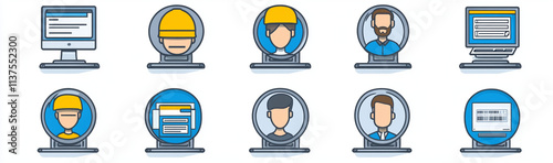 collection of single line business icons featuring diverse professionals, including computer, hard hat, and documents, representing various roles in modern workplace photo