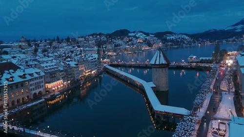 Lucerne, Switzerland in Winter at Blue Hour by Drone