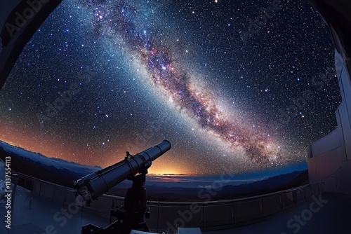 Astronomers using a telescope to observe distant galaxies. The night sky is filled with stars and the Milky Way, Generative AI 