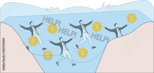 Businessman and gold coins falling into the water, financial crisis, business failure, debt problems or bankruptcy, helpless businessman drowning and calling for help
