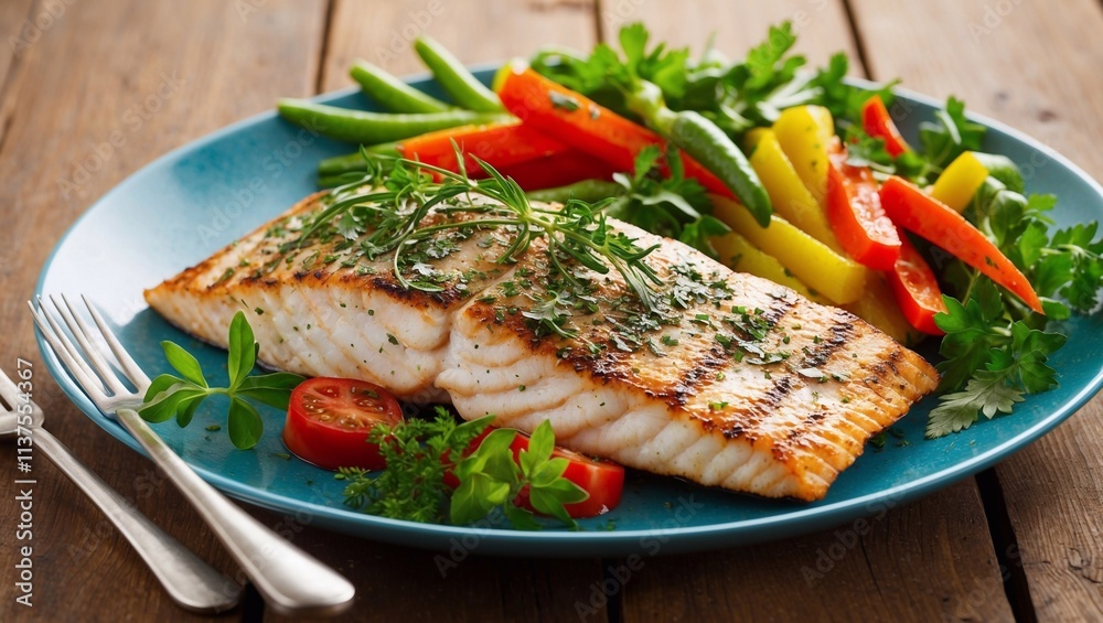 Grilled fish fillet garnished with fresh herbs and served with vibrant vegetables on a wooden table Grilled fish fillet garnished with fresh herbs and served with vibrant vegetables on a wooden table