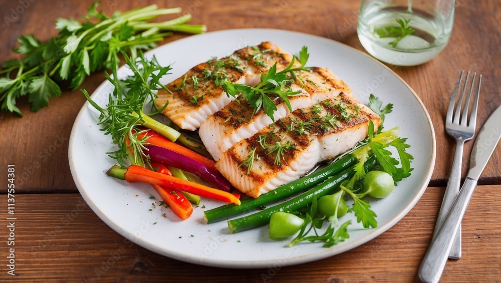 Grilled fish fillet garnished with fresh herbs and served with vibrant vegetables on a wooden table