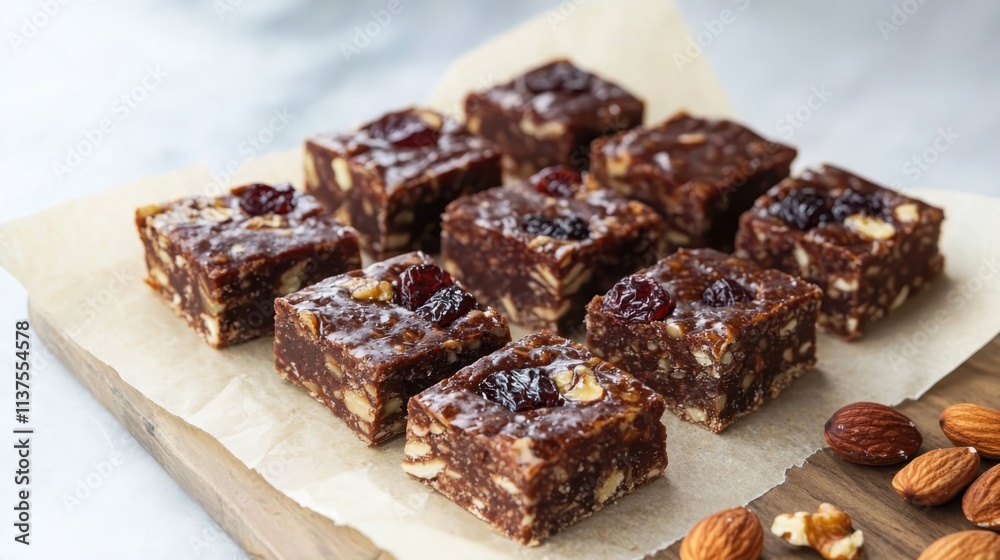 Creating homemade energy bars a delightful arrangement of nut and dried fruit treats on parchment paper in a rustic kitchen setting Creating homemade energy bars a delightful arrangement of nut and dried fruit treats on parchment paper in a rustic kitchen setting