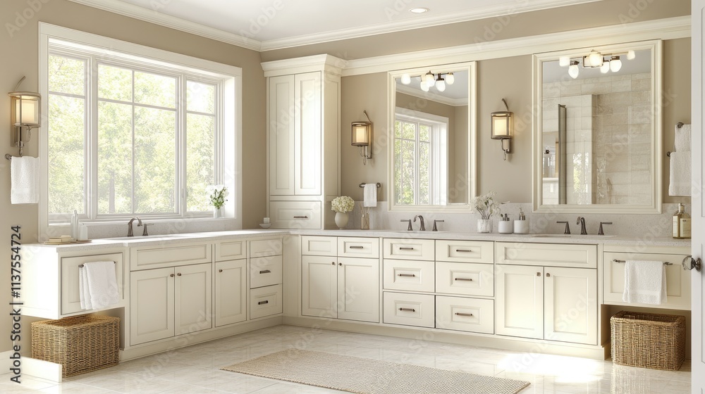 Fototapeta premium Elegant and Spacious Bathroom with Natural Light and Storage Solutions