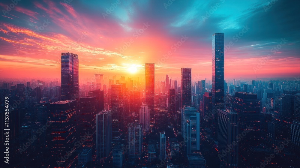 Fototapeta premium Vibrant sunset over a modern city skyline.