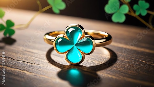 A clover-shaped gold ring with translucent turquoise glass in the middle
