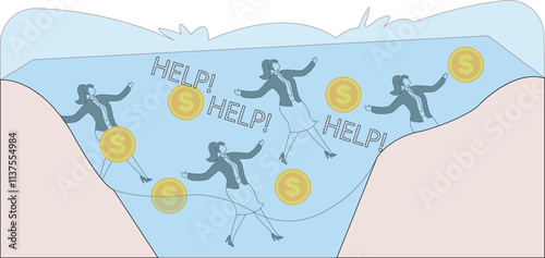 Businesswoman and gold coins falling into the water, financial crisis, business failure, debt problems or bankruptcy, helpless businesswoman drowning and calling for help