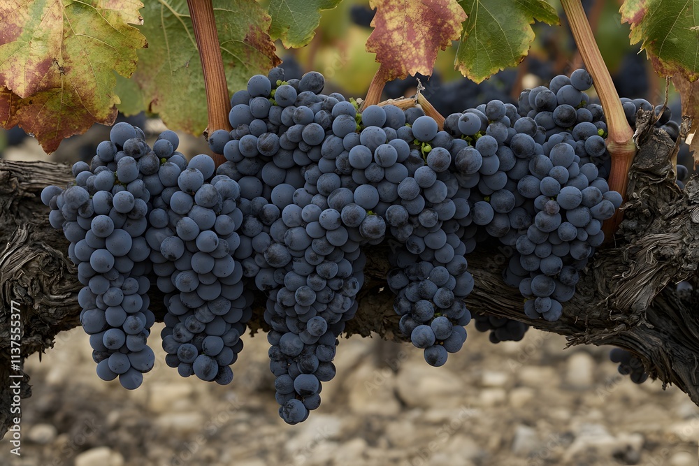 Fototapeta premium Wine grapes hanging on the vine in vineyard