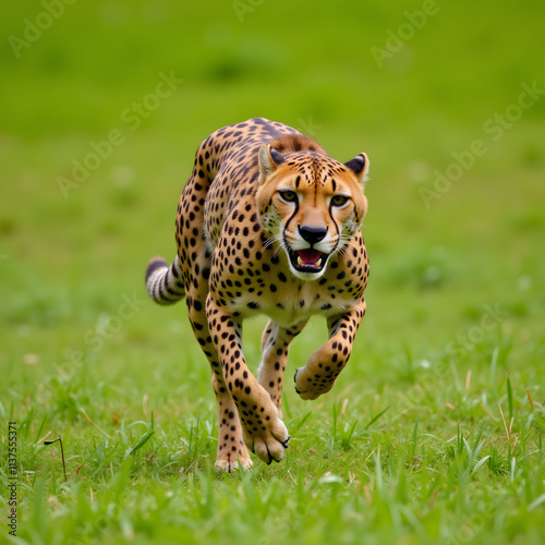 Close-up of a cheetah in mid-run, highlighting powerful muscles and distinctive spots against green grass
 photo