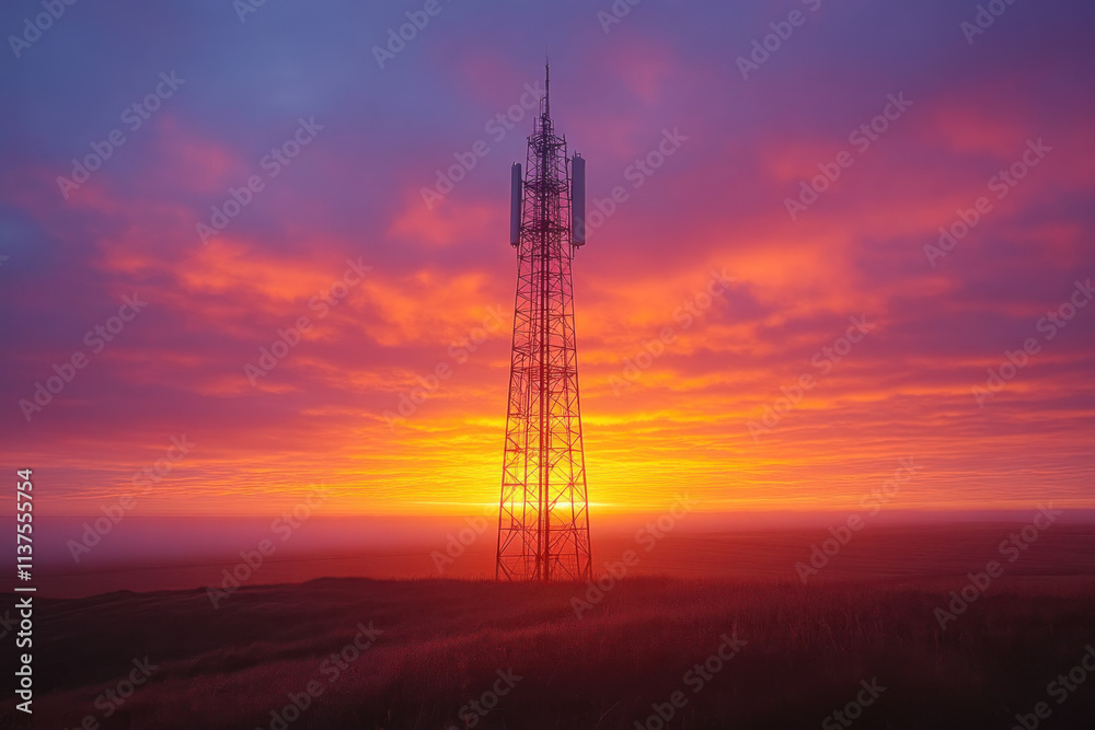 Telecom Tower Stands Tall Amidst Vibrant Sunset over Field Telecom Tower Stands Tall Amidst Vibrant Sunset over Field