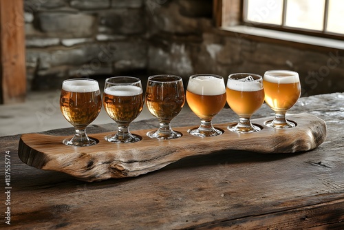 Close-up of beer flight with different brews photo