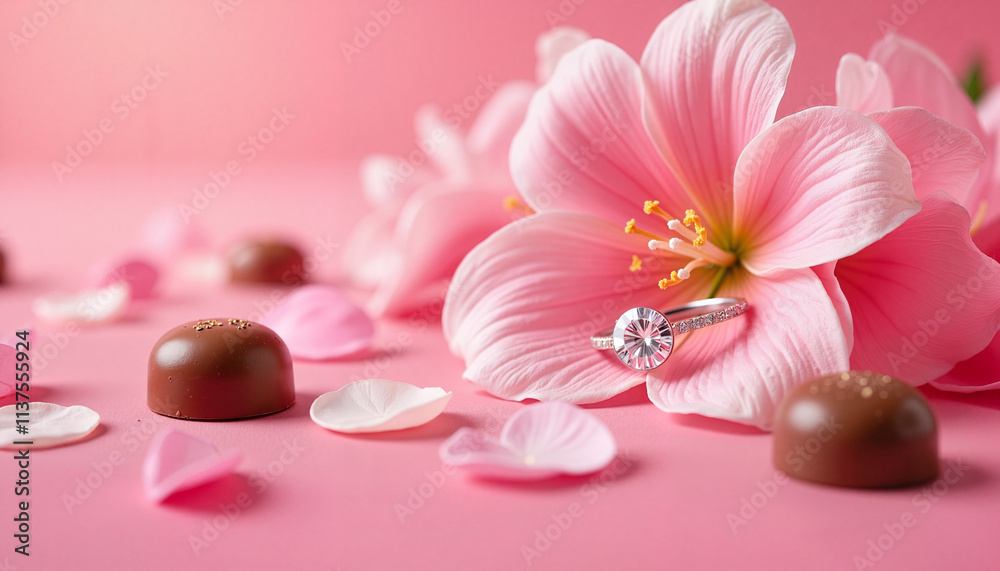 Engagement ring with pink flower and chocolates, romantic mood, soft pastel background Engagement ring with pink flower and chocolates, romantic mood, soft pastel background