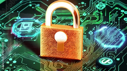 A glowing golden padlock over a digital circuit board, symbolizing cybersecurity, data protection, and online security in the digital world. photo