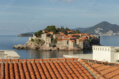 View of island Sveti Stefan, Budva, Adriatic Mediterranean Sea, Montenegro. Summer vacation in exclusive luxury hotel complex resort at the seaside. High quality photo photo